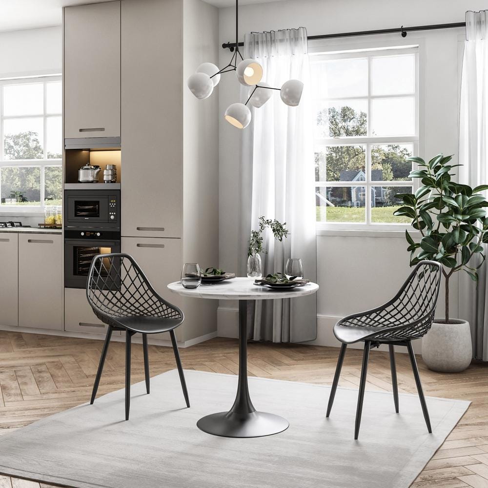 Contemporary 31.5" Round Marble Dining Table with Black Base