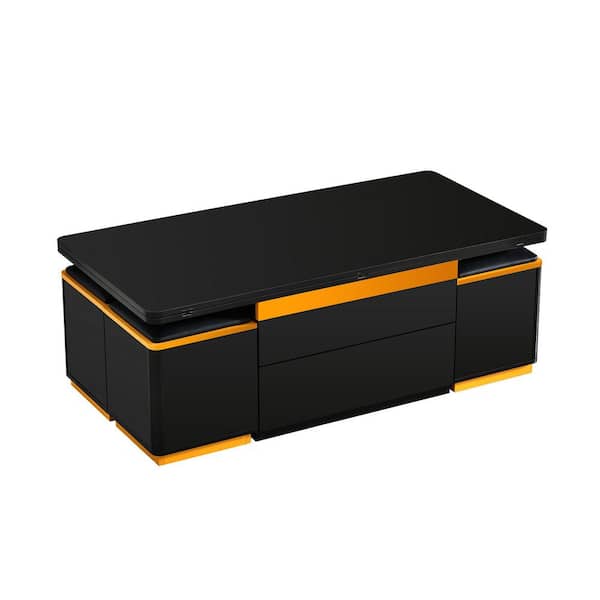 47.2 in. Black Rectangle MDF Coffee Table with 4 Storage Stools, Lift-Top and Foldable Top