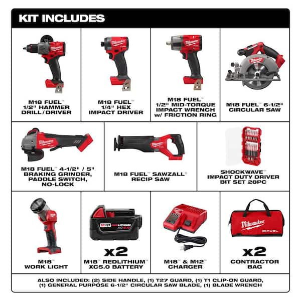 M18 FUEL 18V Brushless Cordless 7-Tool Combo Kit w/ (2) 5.0Ah Batteries, Charger, 2 Bags with SHOCKWAVE 28-Pc Impact Set