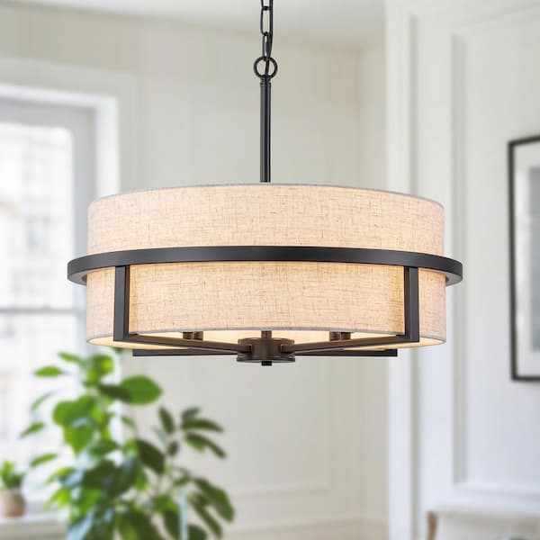 22 in. 4-Light Drum Pendant Light with Beige Fabric Shade and Black Metal Frame for Dining Room, Kitchen or Entryway