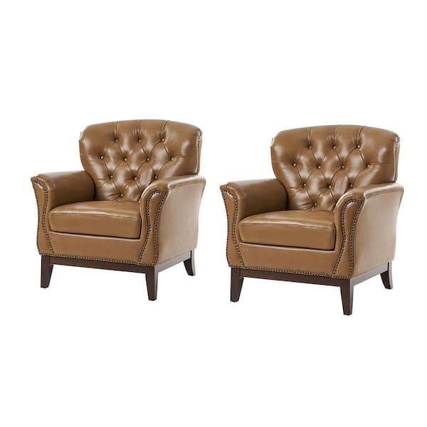JAYDEN CREATION Bud Traditional Genuine Camel Leather Accent Chair Set of 2 with Solid Wood Legs and Nailheads