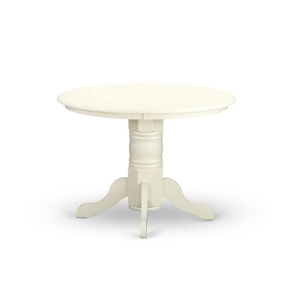 Linen White Round Rubberwood Dining Table Set with Beige Red Faux Leather Chairs