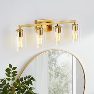 28.75 in. 4-Light Antique Brass Vanity Light with Clear Glass Shade