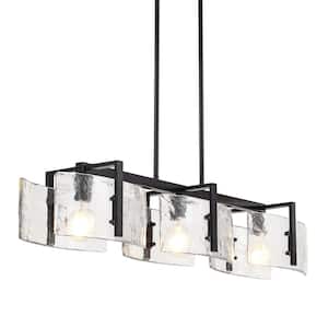 Aenon 3-Light Matte Black and Hammered Water Glass Linear Pendant Light