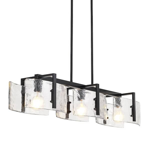 Aenon 3-Light Matte Black and Hammered Water Glass Linear Pendant Light