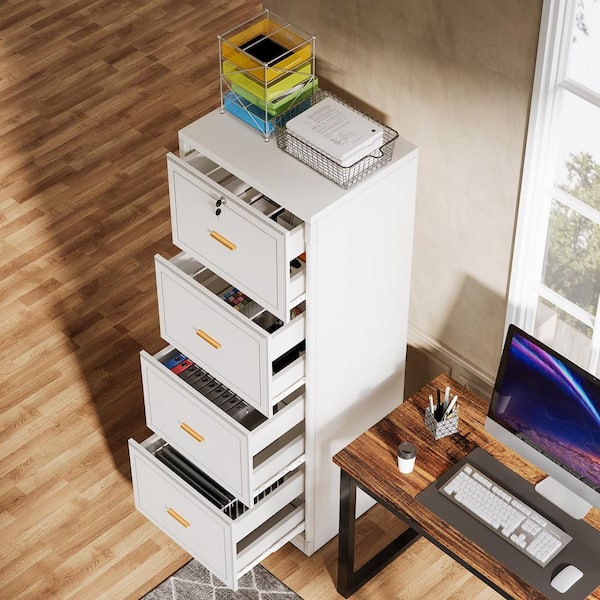 Atencio 4-Drawer White Wood 23 in. W Vertical Simple Modern Industrial File Cabinet Printer Stand Freestanding Pedestal