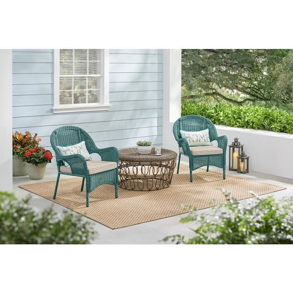 Hampton Bay Rosemont Green Steel Wicker Outdoor Patio Lounge Chair with CushionGuard Putty Tan Cushion (2-Pack)