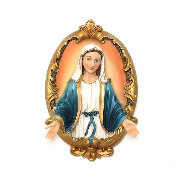 Blessed Virgin Mary Wall Plaque, Oval Gold Resin Religious Decor for Home and Prayer Space