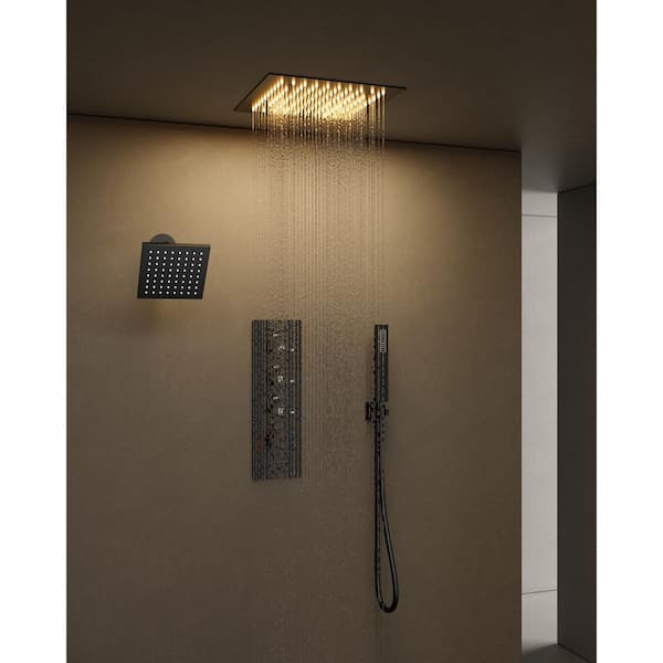 Thermostatic Valve LED Mood Lighting 7-Spray Ceiling Mount 12 and 6 in. Dual and Handheld Shower Head in Matte Black