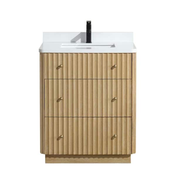 Ari Kitchen and Bath La Jolla 30 in. W x 22 in. D x 34.5 H Single Bath Vanity in Washed Oak w/ Engineered Quartz Top in White w/ White Basin