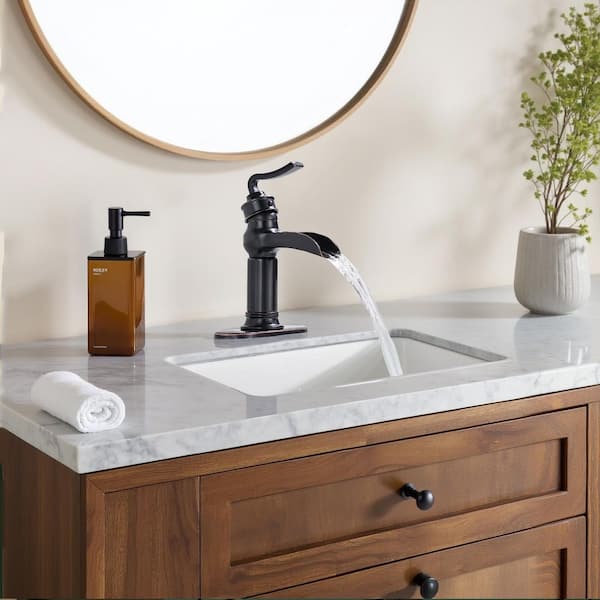 Single Handle Single Hole Mid-Arc Waterfall Bathroom Sink Faucet with Deckplate Pop-Up Drain in Oil Rubbed Bronze