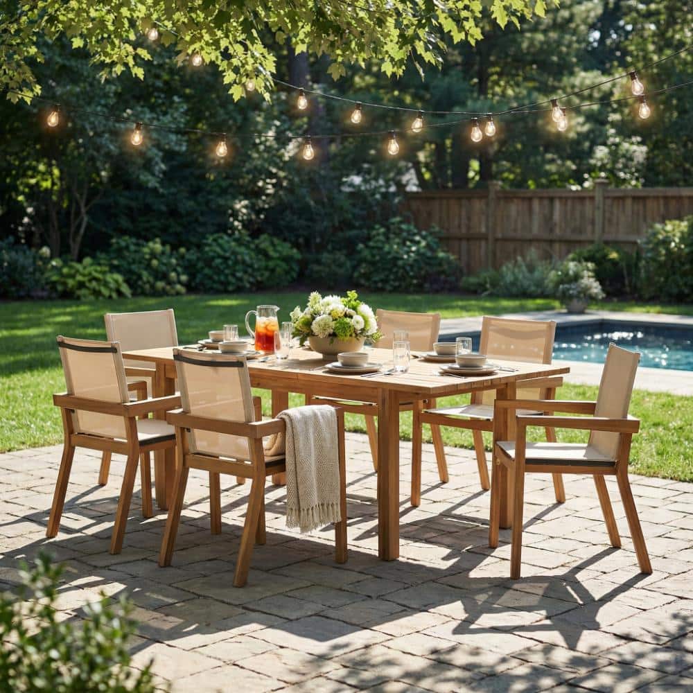 7-Piece Acacia Wood Outdoor Dining Set, 6 Chairs & 1 Table, All-Weather, Beige Cushion price history on PriceWatchPro