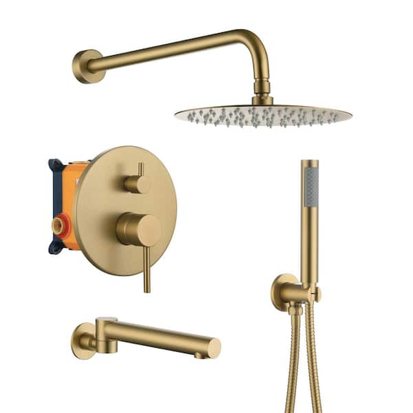 Dimakai 3-Spray 10 in. Round Wall Mounted Fixed and Handheld Shower Head 1.8 GPM in Brushed Gold
