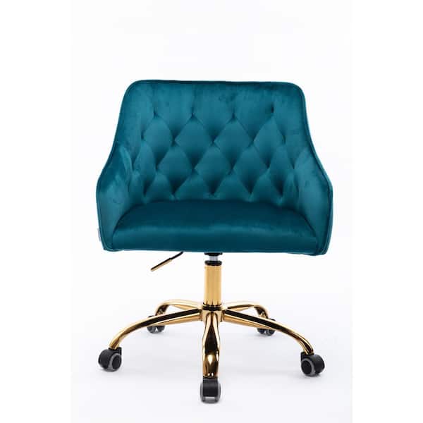 HOMEFUN Teal Velvet Upholstered Swivel Task Chair with Golden Base