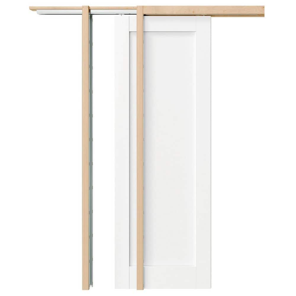 32 in. x 80 in. 1-Panel White Composite Hollow Core Pocket Door Slab with Door Frame Kit, Soft Close, Jamb and Header