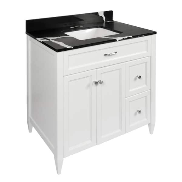 Ella Vail 37 in. W x 22 in. D x 36 in. H Bath Vanity in White with Quartz Stone Calacatta Black Top with White Basin