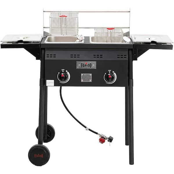 16Qt. Outdoor Propane Deep Fryer and Dual Tank with Dual Independent Cast Iron Burners with Double Fry Baskets, Black