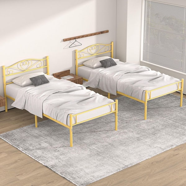 VECELO 14 in. Twin Metal Bed Frame (Set of 2), Platform Bed with Headboard and Footboard, Heavy-Duty Steel Slats, Gold Beds