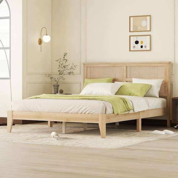 Alder Brown Wood Frame Queen Size Modern Platform Bed with PE Rattan Headboard