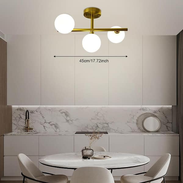 OUKANING 17.72 in. 3-Light Gold Modern Semi-Flush Mount