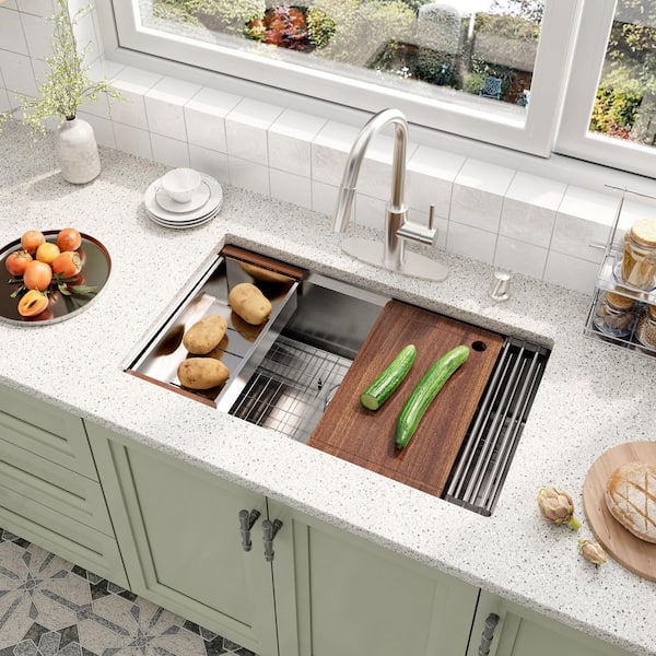 32 in. Drop in Single Bowl 18-Gauge Brushed Nickel Stainless Steel Kitchen Sink with Brushed Nickel Kitchen Faucet