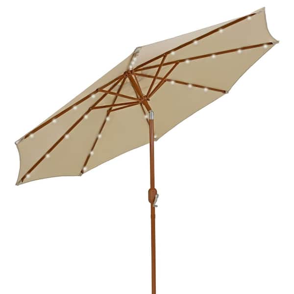 8.5 ft. Solar Patio Umbrella with Faux Woodgrain Finish-Beige