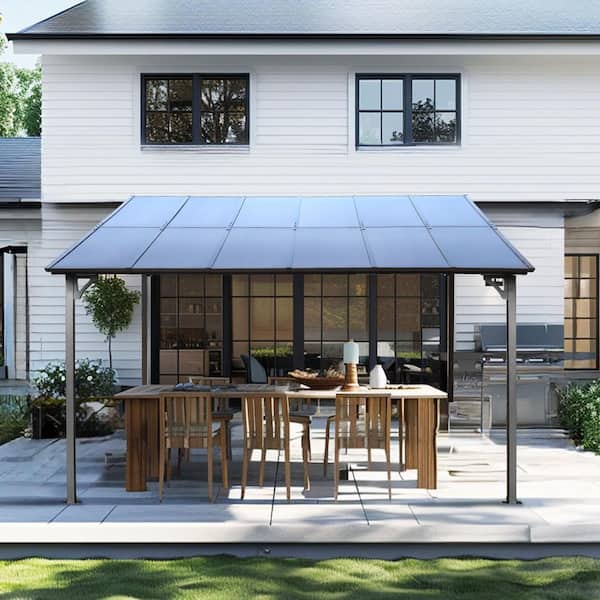 10 ft. x 12 ft. Outdoor Gray Metal Pergola Wall-Mounted Large Heavy Duty Lean to Awning Gazebo with Roof for Decks