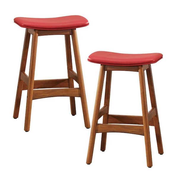 EVERGLADE HOME Lillie 25.5 in. Walnut Backless Wood Frame Bar Stool with Matt Red Faux Leather Seat (Set of 2)
