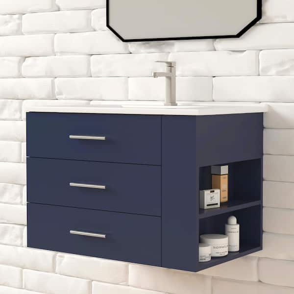 HOMEVY STUDIO Rita 30.25 in. Single Sink Wallmount Bath Vanity with White Ceramic Countertop in Marine Blue with Right Side Shelf