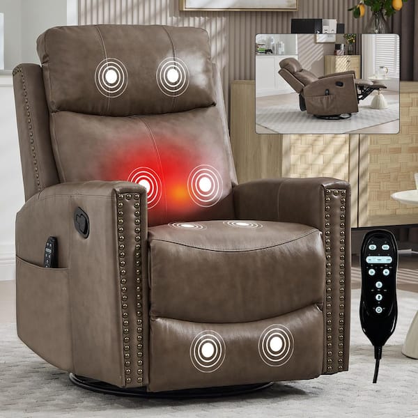 Grey Genuine Leather Manual Swivel Recliner Rocker Chair with Massage and Heat, Nailhead Trim, Side Pocket