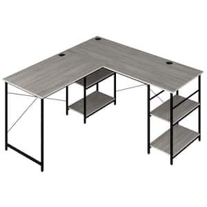 60 in. Grey Convertible L-shaped Corner Computer Desk 2-Person Long Desk Shelves