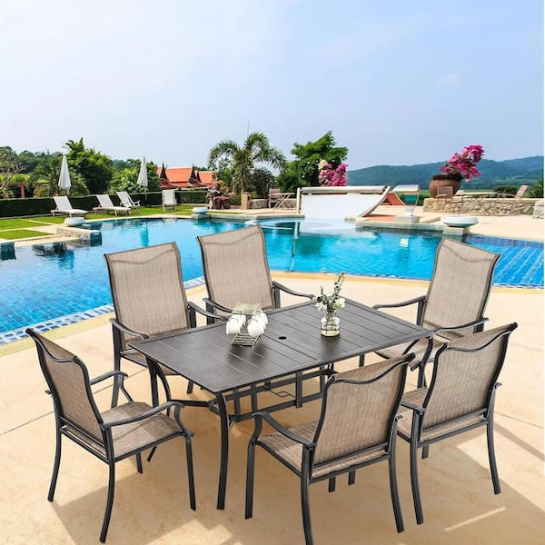 ELPOSUN Stationary Metal All-Weather Textilene Beige Outdoor Patio Dining Chairs with Curved Arms for Garden Lawn (Set of 2)