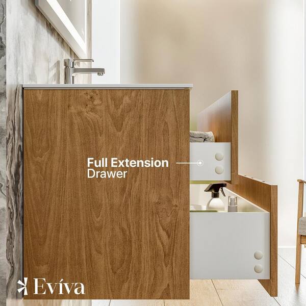 Eviva Lumber 44 in. W Solid Wood Floating Bathroom Vanity in Oak with White Solid Surface Top with White Sink