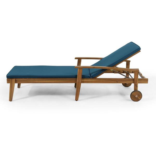 Brown Wood Adjustable Outdoor Chaise Lounge with Blue Cushions, Wheels