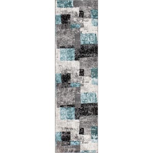 Contemporary Abstract Boxes 2'x7' Blue Runner Rug