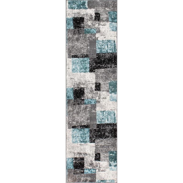 World Rug Gallery Contemporary Abstract Boxes 2'x7' Blue Runner Rug