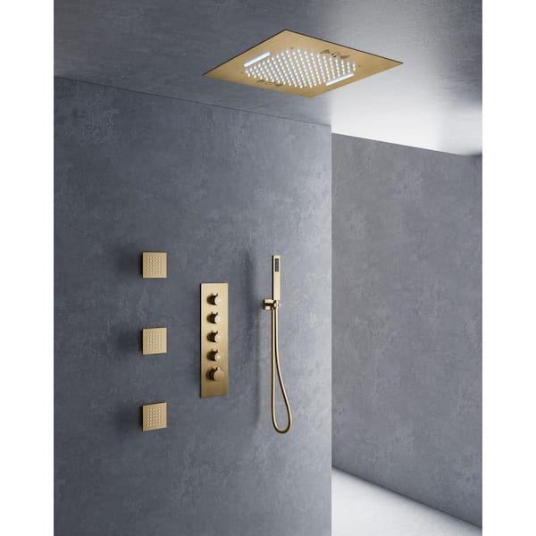 Thermostatic 15-Spray 20 in. Square LED Mood Lighting Bluetooth Music Shower System with Valve in Brushed Gold