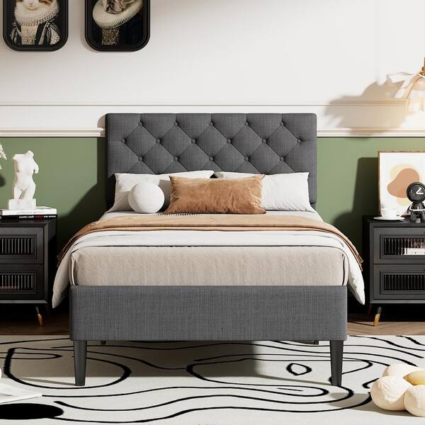 Polibi Gray Wood Frame Twin Size Platform Bed with Linen Upholstered RS ...