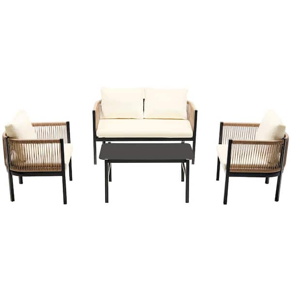 4-Piece Wicker Outdoor Sectional Set with Beige CushionGuard Tan Cushions