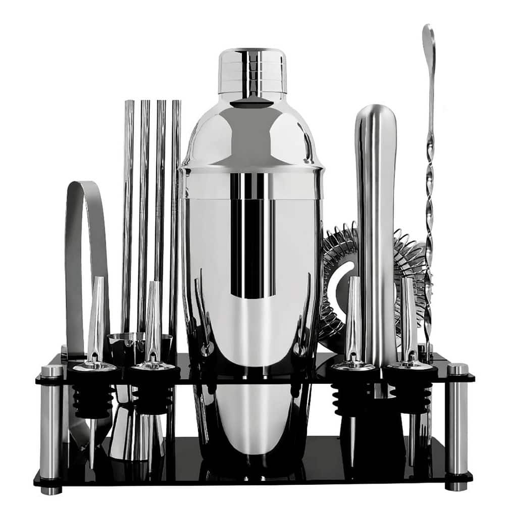 14-Piece Silver Cocktail Shaker Set with Black Stand, Bar Tool Kit Including 750ml Shaker, Jigger, Muddler, and Recipes price history on PriceWatchPro