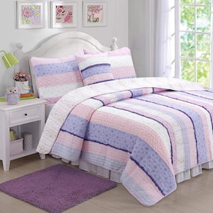Pink Purple Fun Floral Ruffle Stripe Cotton Queen Quilt Bedding Set