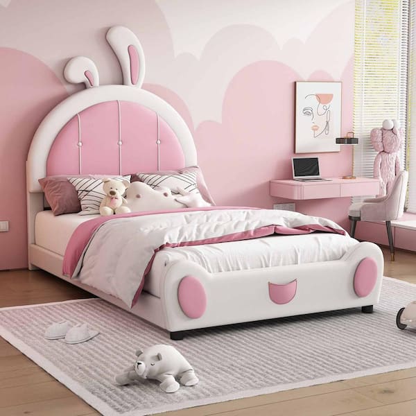 Gray Wood Frame Twin Platform Bed with Rabbit Shaped Headboard