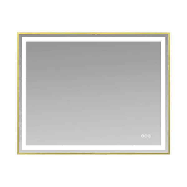 40 in. W x 32 in. H Rectangular Gold Framed Bathroom Vanity Mirror with Dual LED Light Strips Front and Back Lighting