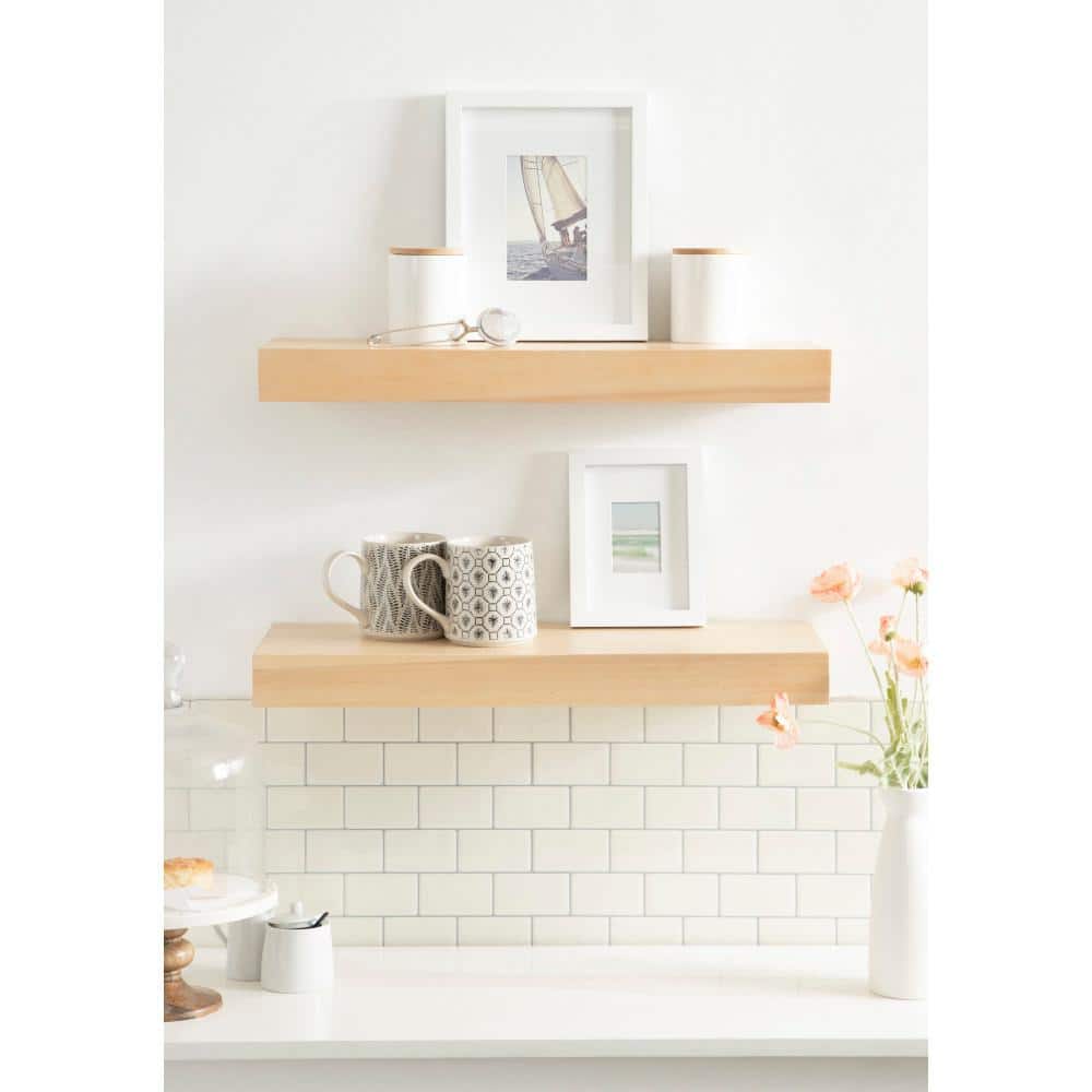 Natural Light Brown Wooden Floating Accent Shelves, Set of 2