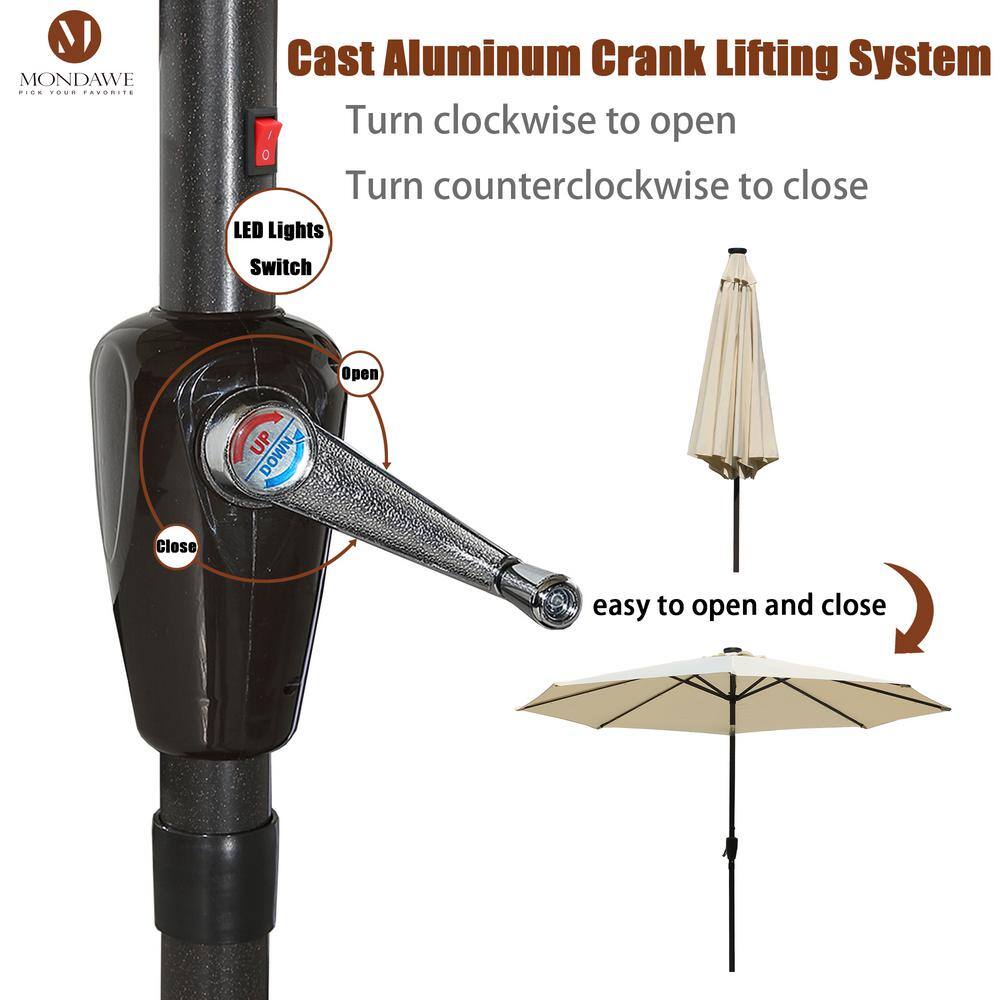 10 ft Beige Aluminum Market Patio Umbrella with LED Lights