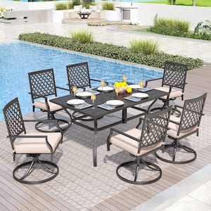 7-Piece Metal Patio Outdoor Dining Set with Slat Table and Swivel Chairs with Beige Cushions
