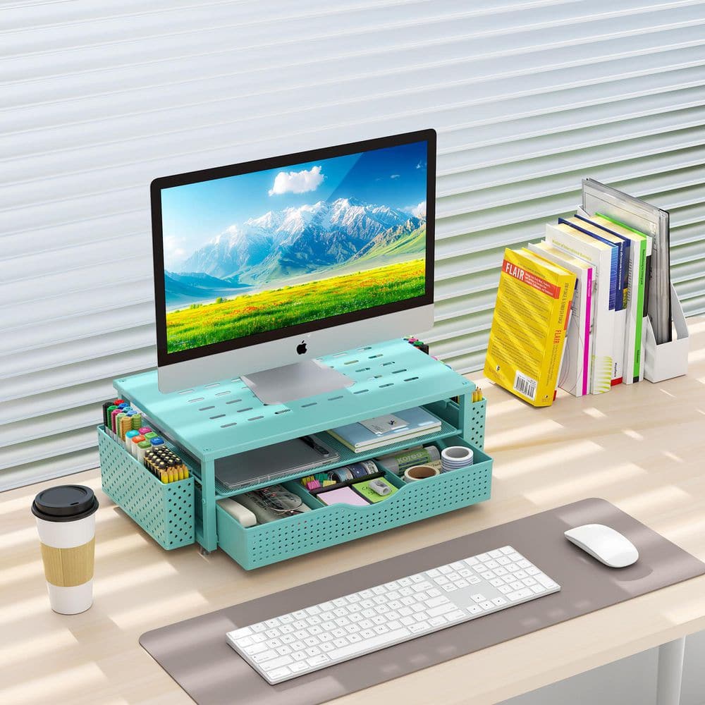 14.1 x 5.9 in. Blue Alloy Steel Desktop Organizer and with Drawer and 2 Pen Holders, Decorative Stand