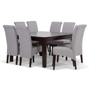 Avalon Transitional 9-Piece Dining Set with 6 Upholstered Dining Chairs in Dove Grey Linen Look Fabric and 54 in.W Table