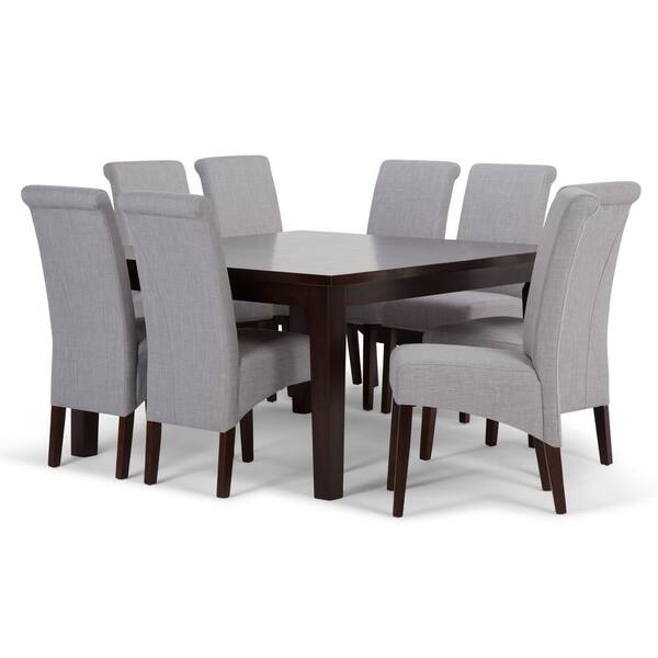 Simpli Home Avalon Transitional 9-Piece Dining Set with 6 Upholstered Dining Chairs in Dove Grey Linen Look Fabric and 54 in.W Table