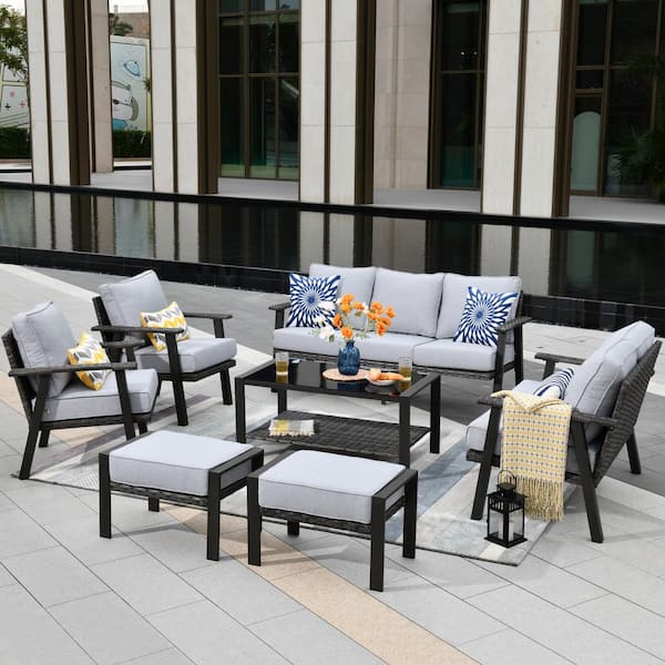HOOOWOOO Walden Grey 7-Piece Wicker Metal Outdoor Patio Conversation Sofa Seating Set with Light Grey Cushions